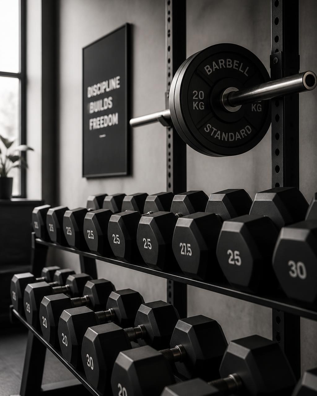 Hantlar och skivstång på UNX Gym i Stockholm